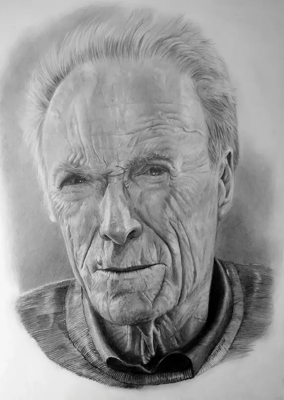 Retrato a lápiz hiperrealista de Clint Eastwood