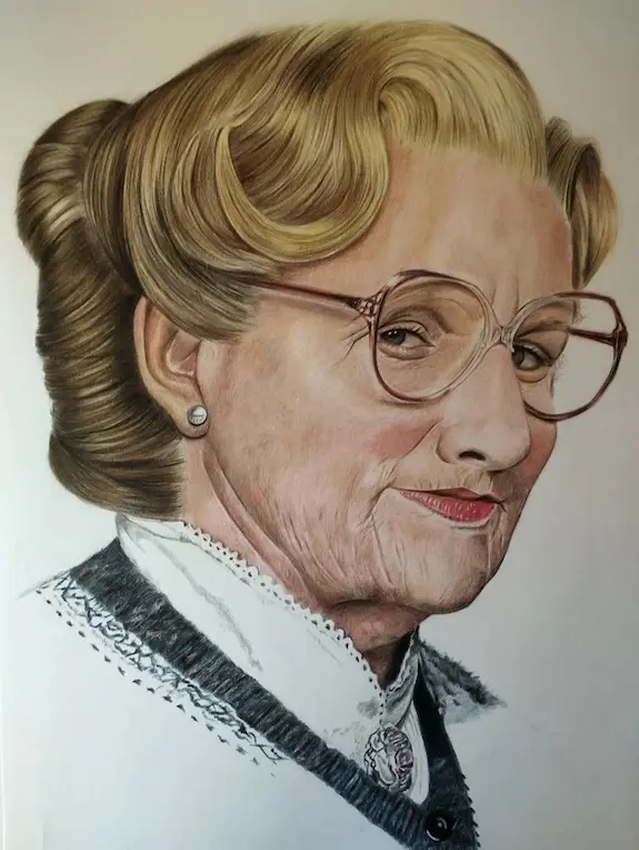 Retrato a lápiz de color de la Señora Doubtfire
