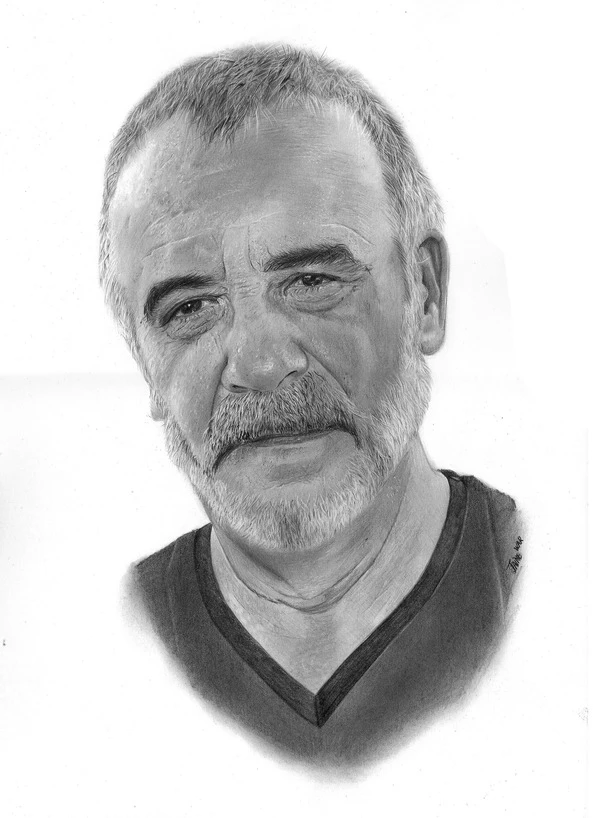 Retrato a lápiz de actor de doblaje Miguel Ángel Jenner