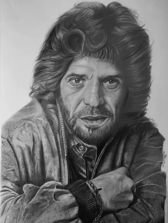 Retrato a lápiz hiperrealista de Camarón de la Isla
