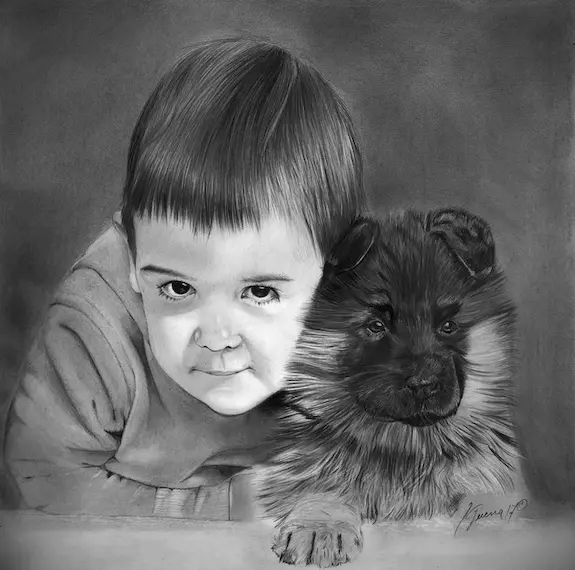 Retrato a lápiz realista de niño con su perro
