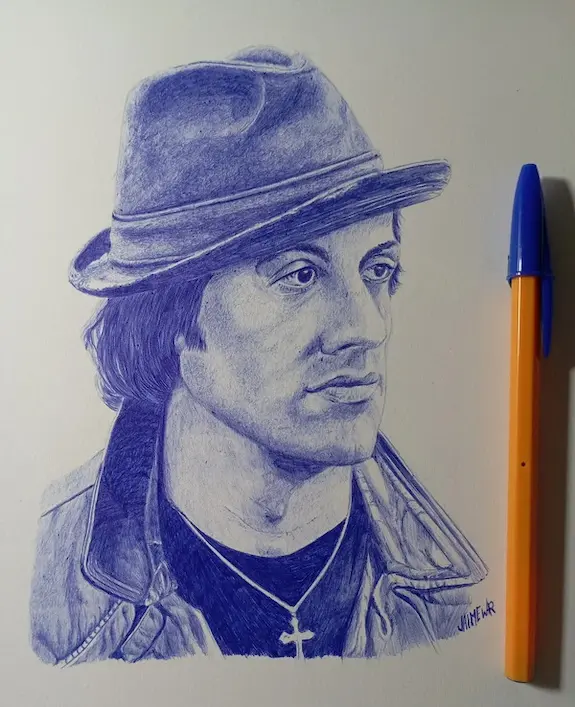 Retrato a boligrafo BIC de Silvester Stallone como Rocky Balboa